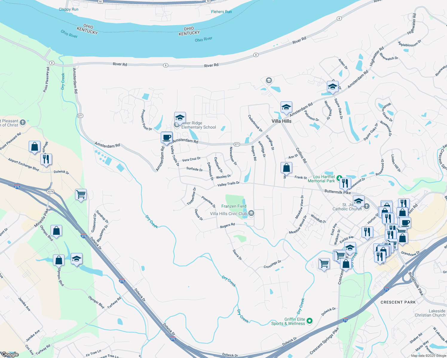 map of restaurants, bars, coffee shops, grocery stores, and more near 2641 Wesley Drive in Villa Hills