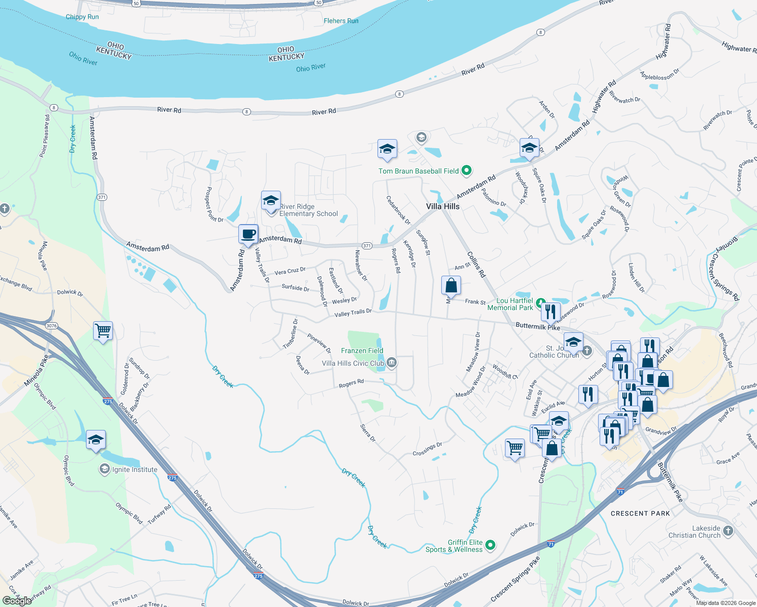 map of restaurants, bars, coffee shops, grocery stores, and more near 806 Niewahner Drive in Villa Hills