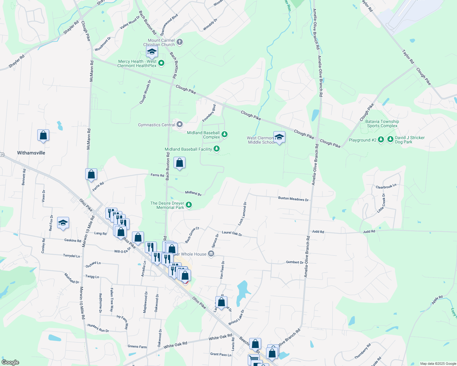 map of restaurants, bars, coffee shops, grocery stores, and more near 1240 Nottingham Road in Amelia