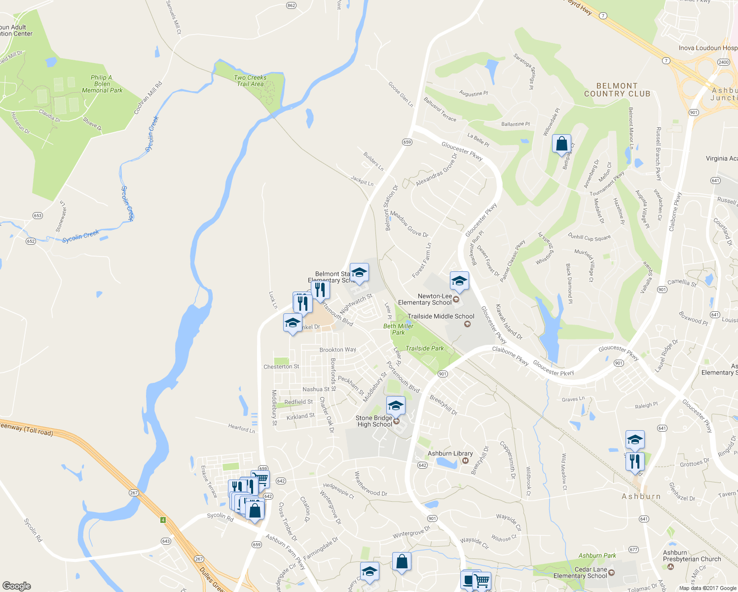 map of restaurants, bars, coffee shops, grocery stores, and more near 20284 Nightwatch Street in Ashburn