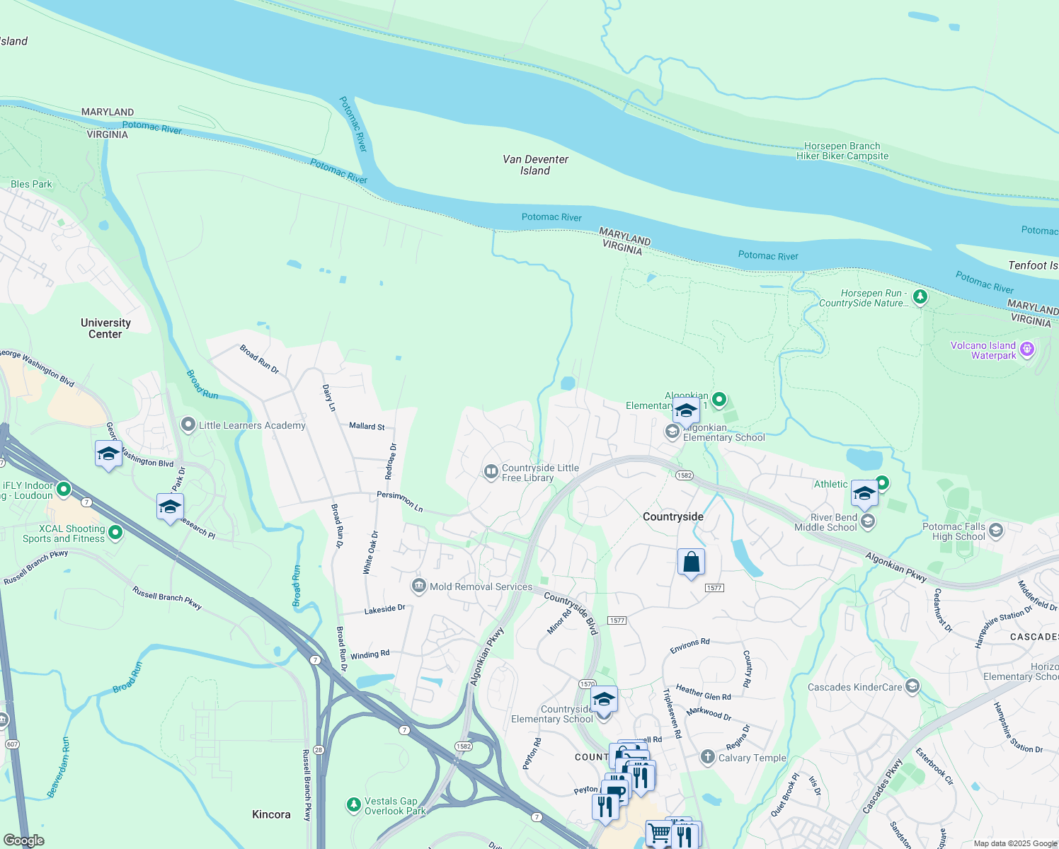 map of restaurants, bars, coffee shops, grocery stores, and more near 15 Darian Court in Sterling