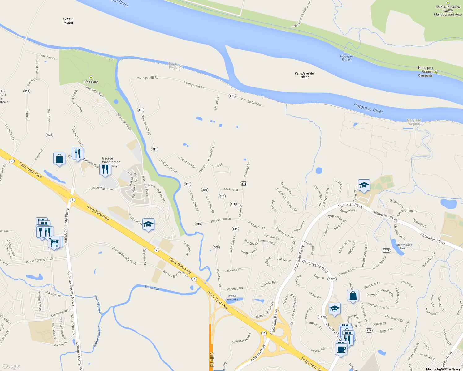 map of restaurants, bars, coffee shops, grocery stores, and more near 45414 Mallard Street in Sterling