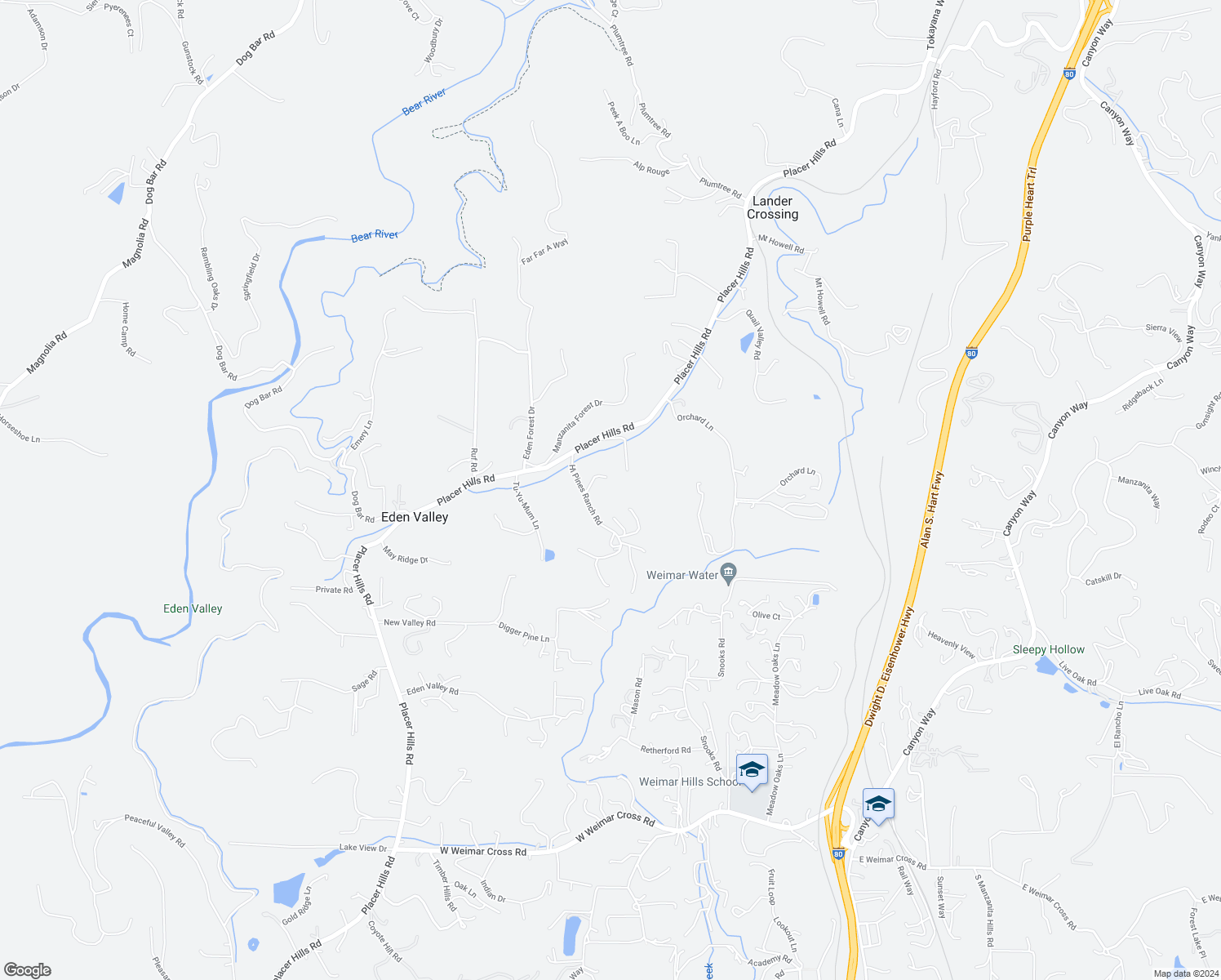 map of restaurants, bars, coffee shops, grocery stores, and more near 21970 Oak Ranch Road in Colfax