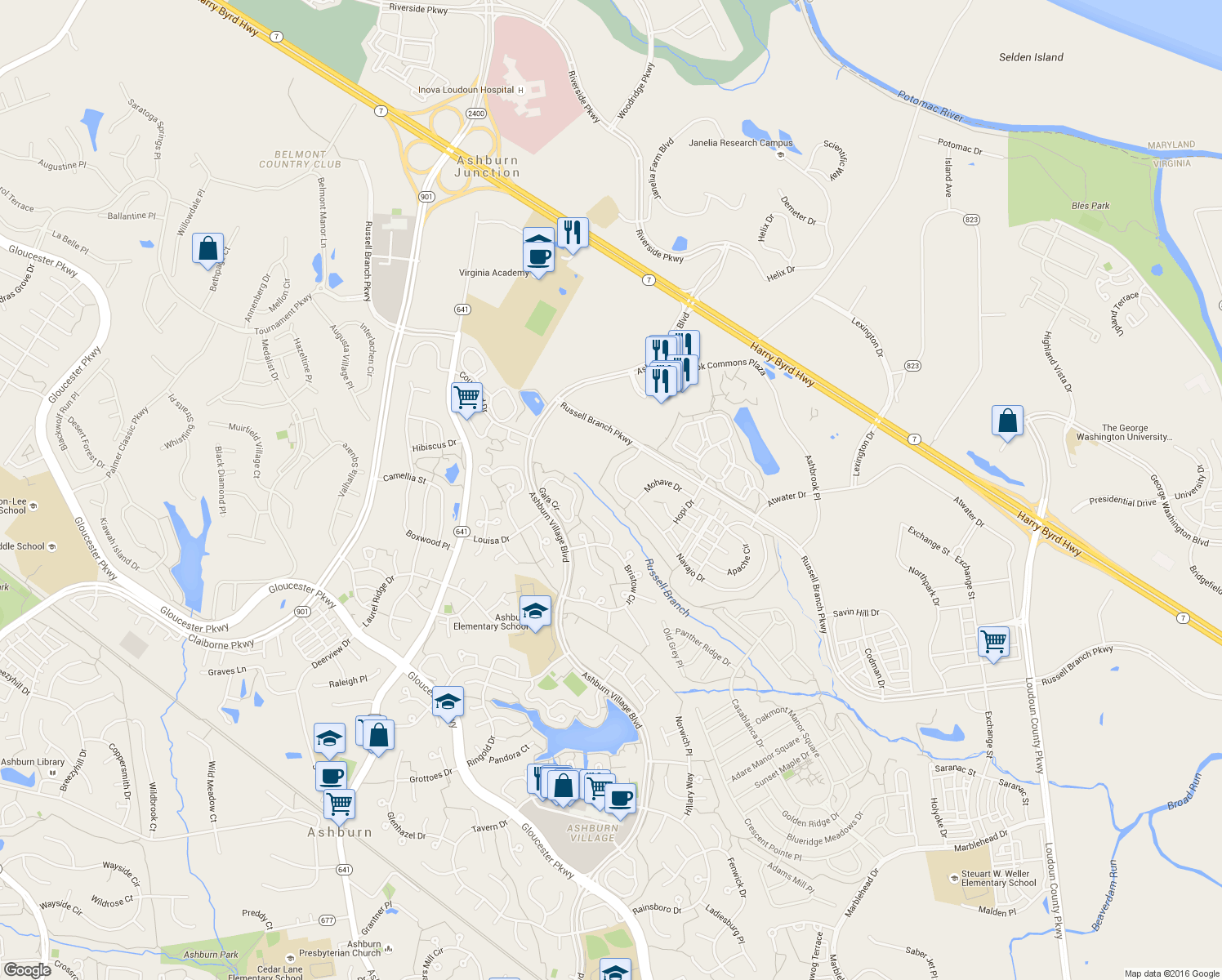 map of restaurants, bars, coffee shops, grocery stores, and more near 44165 Navajo Drive in Ashburn
