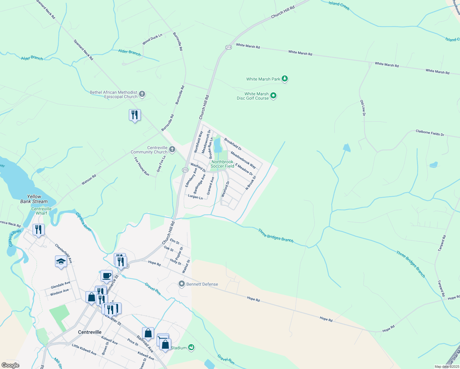 map of restaurants, bars, coffee shops, grocery stores, and more near 105 East Brook Drive in Centreville