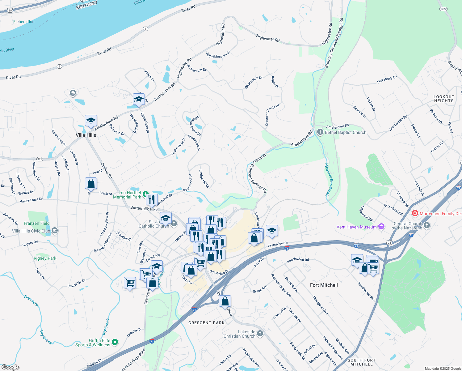 map of restaurants, bars, coffee shops, grocery stores, and more near 22 Linden Hill Drive in Crescent Springs