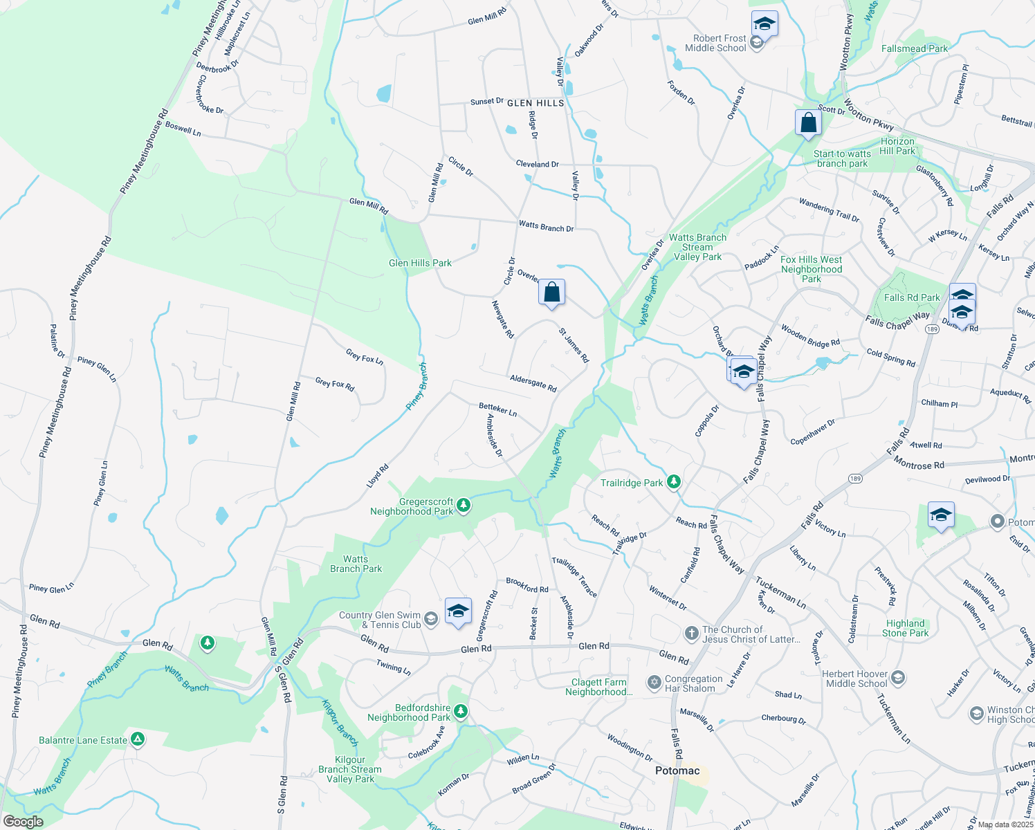 map of restaurants, bars, coffee shops, grocery stores, and more near 9821 Betteker Lane in Potomac