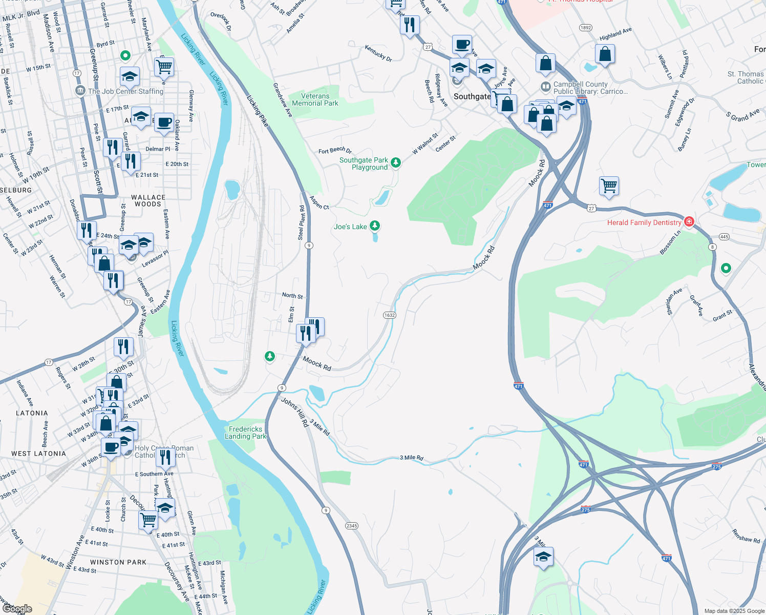 map of restaurants, bars, coffee shops, grocery stores, and more near 6 Beverly Drive in Wilder