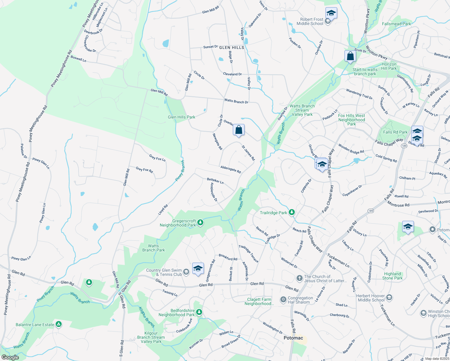 map of restaurants, bars, coffee shops, grocery stores, and more near 9821 Betteker Lane in Potomac