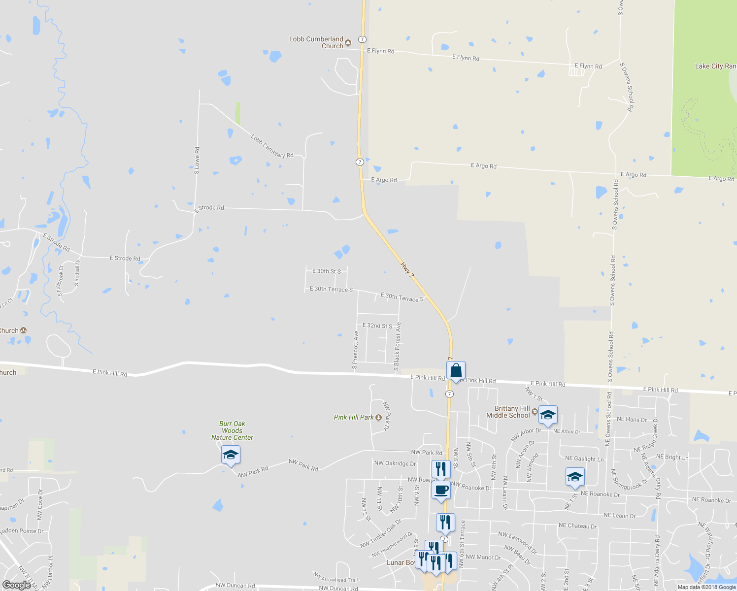 map of restaurants, bars, coffee shops, grocery stores, and more near 25613 East 30th Terrace South in Blue Springs