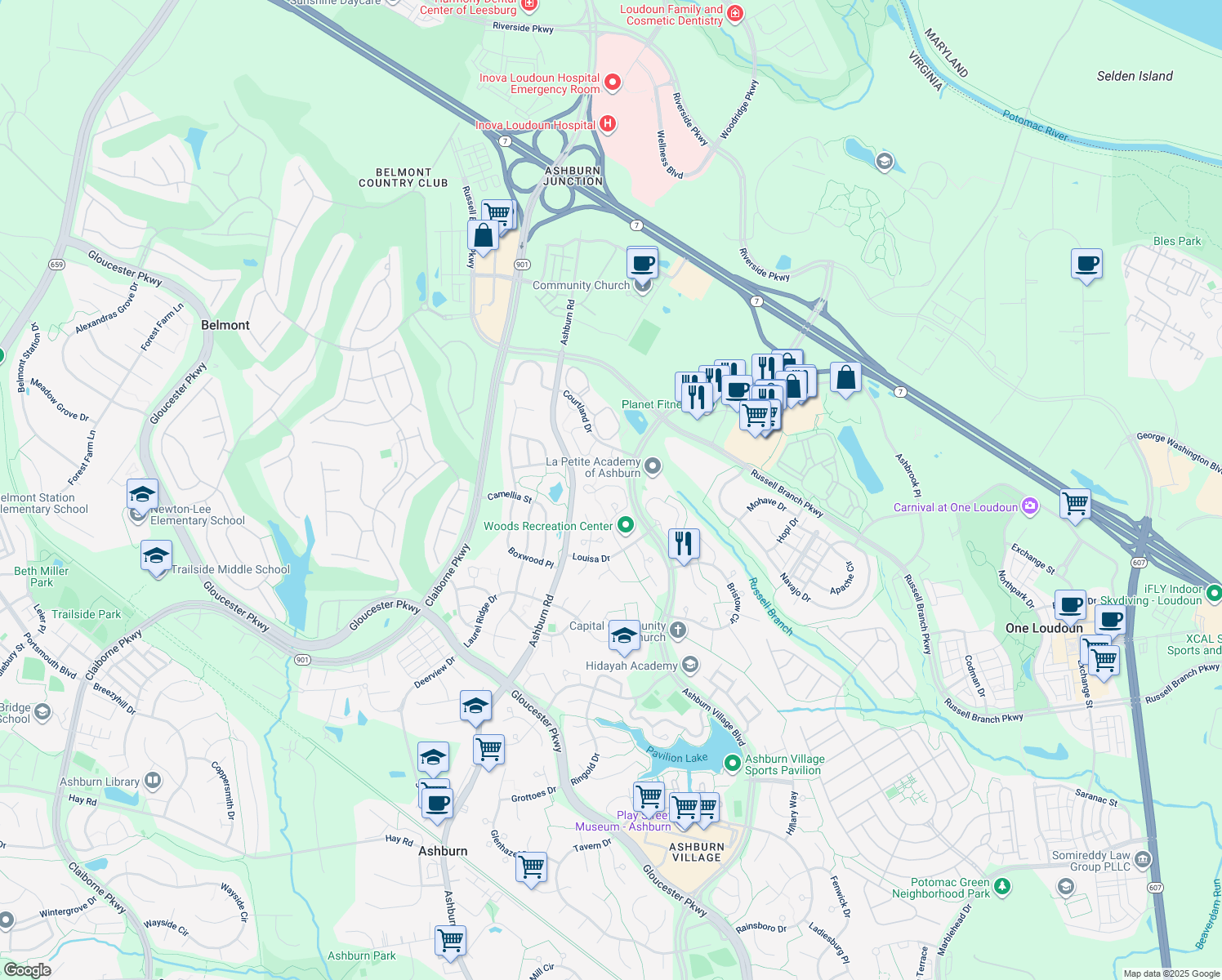 map of restaurants, bars, coffee shops, grocery stores, and more near 44042 Ferncliff Terrace in Ashburn
