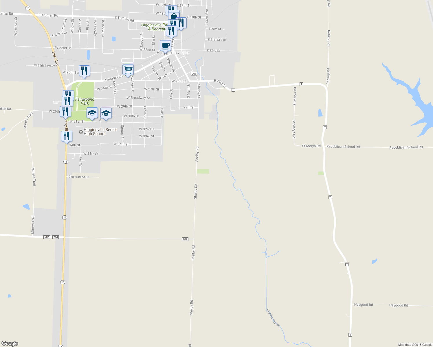map of restaurants, bars, coffee shops, grocery stores, and more near 10496 Shelby Road in Higginsville