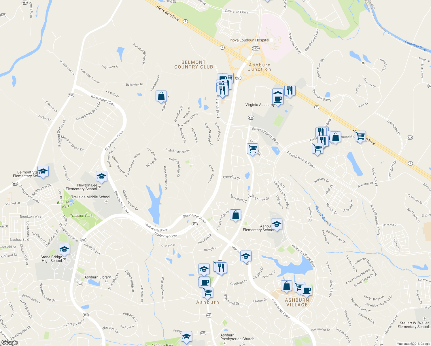 map of restaurants, bars, coffee shops, grocery stores, and more near 43774 Crooked Stick Terrace in Ashburn