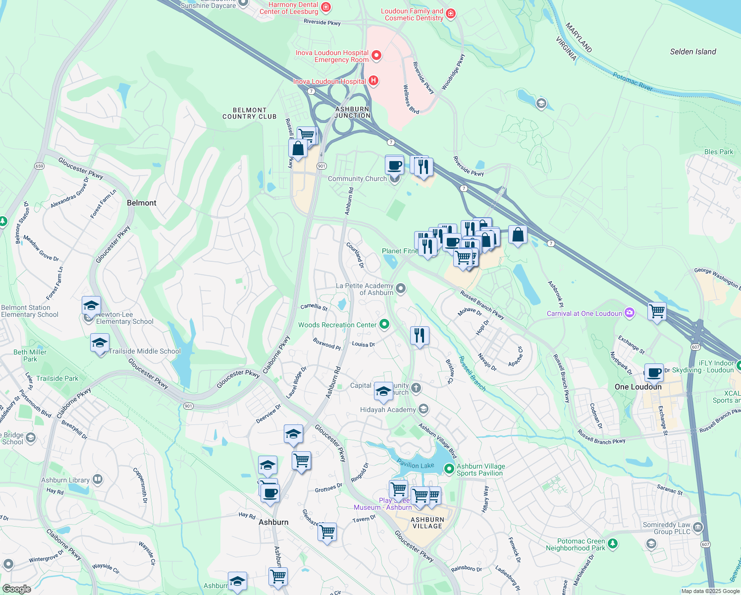 map of restaurants, bars, coffee shops, grocery stores, and more near 44053 Ferncliff Terrace in Ashburn