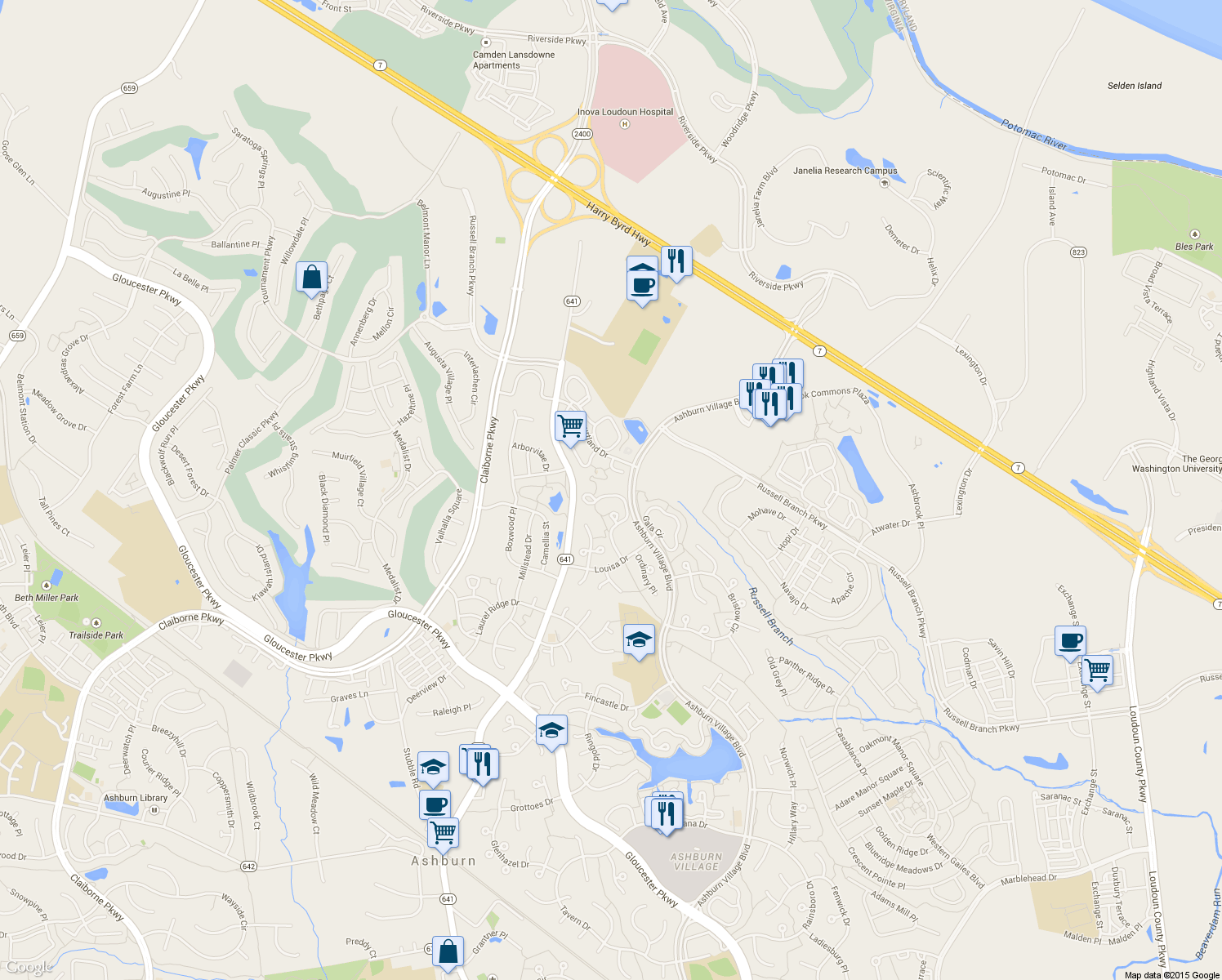 map of restaurants, bars, coffee shops, grocery stores, and more near 44043 Ferncliff Terrace in Ashburn