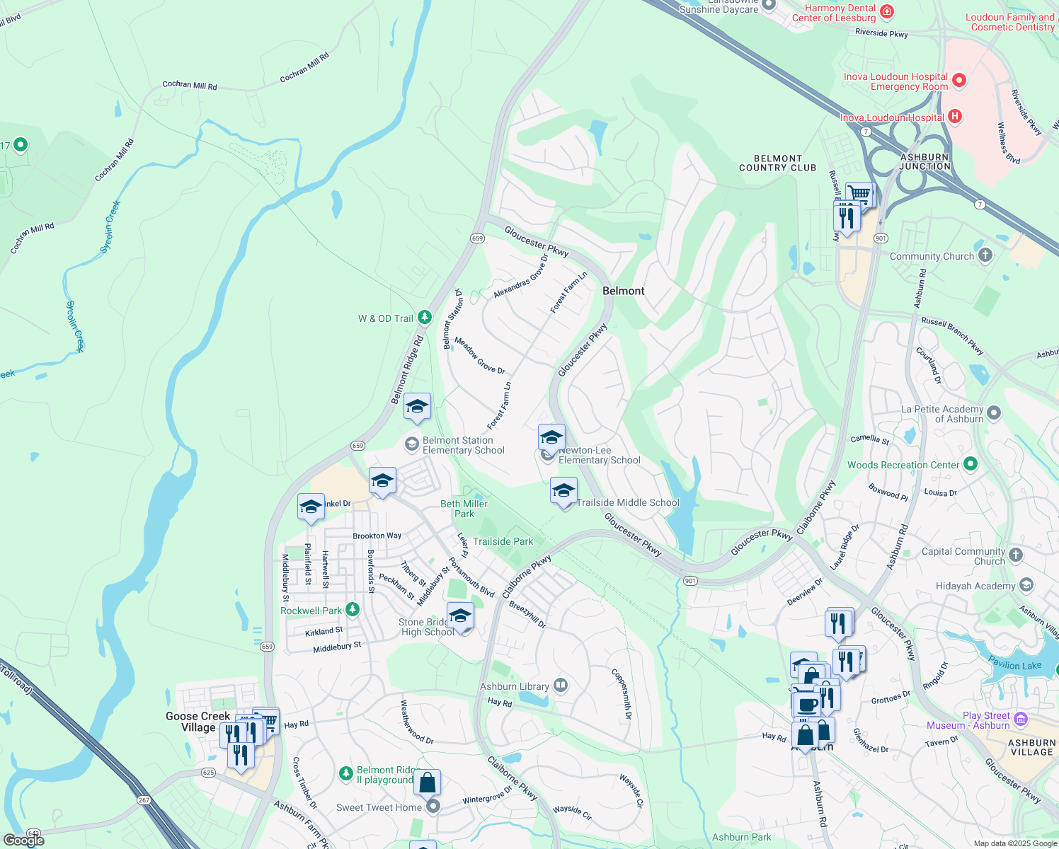 map of restaurants, bars, coffee shops, grocery stores, and more near 20144 Prairie Dunes Terrace in Ashburn