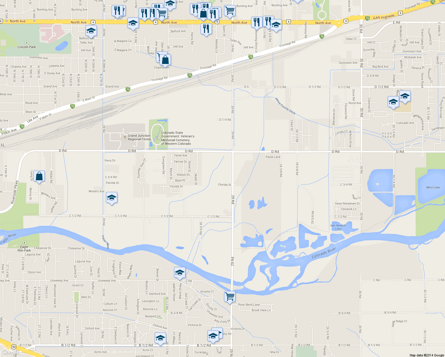 map of restaurants, bars, coffee shops, grocery stores, and more near 2892 Florida St in Grand Junction
