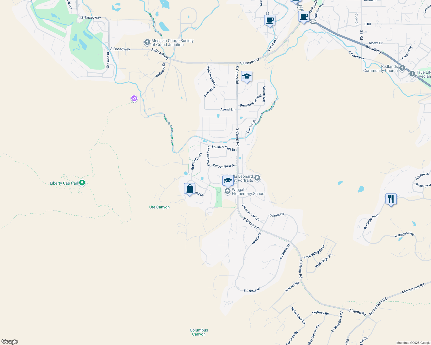 map of restaurants, bars, coffee shops, grocery stores, and more near 2188 Canyon Ct W in Grand Junction