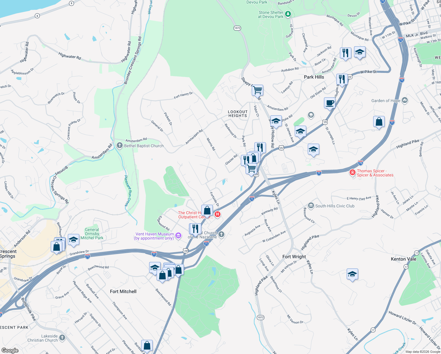 map of restaurants, bars, coffee shops, grocery stores, and more near 1917 Fortside Circle in Fort Mitchell