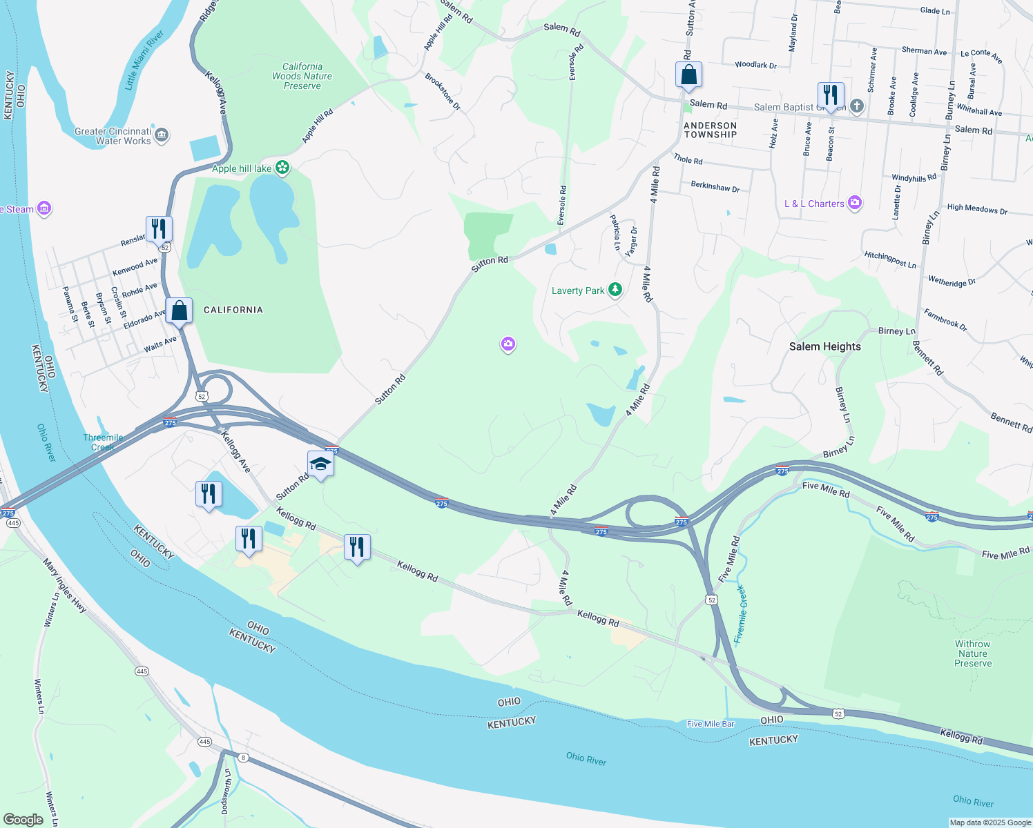 map of restaurants, bars, coffee shops, grocery stores, and more near 6598 Wyndwatch Drive in Cincinnati