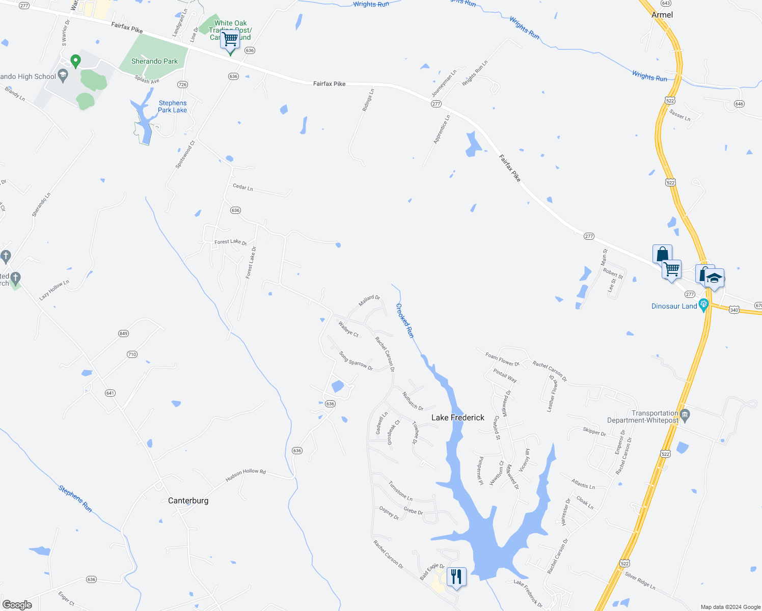 map of restaurants, bars, coffee shops, grocery stores, and more near 138 Mallard Drive in Lake Frederick