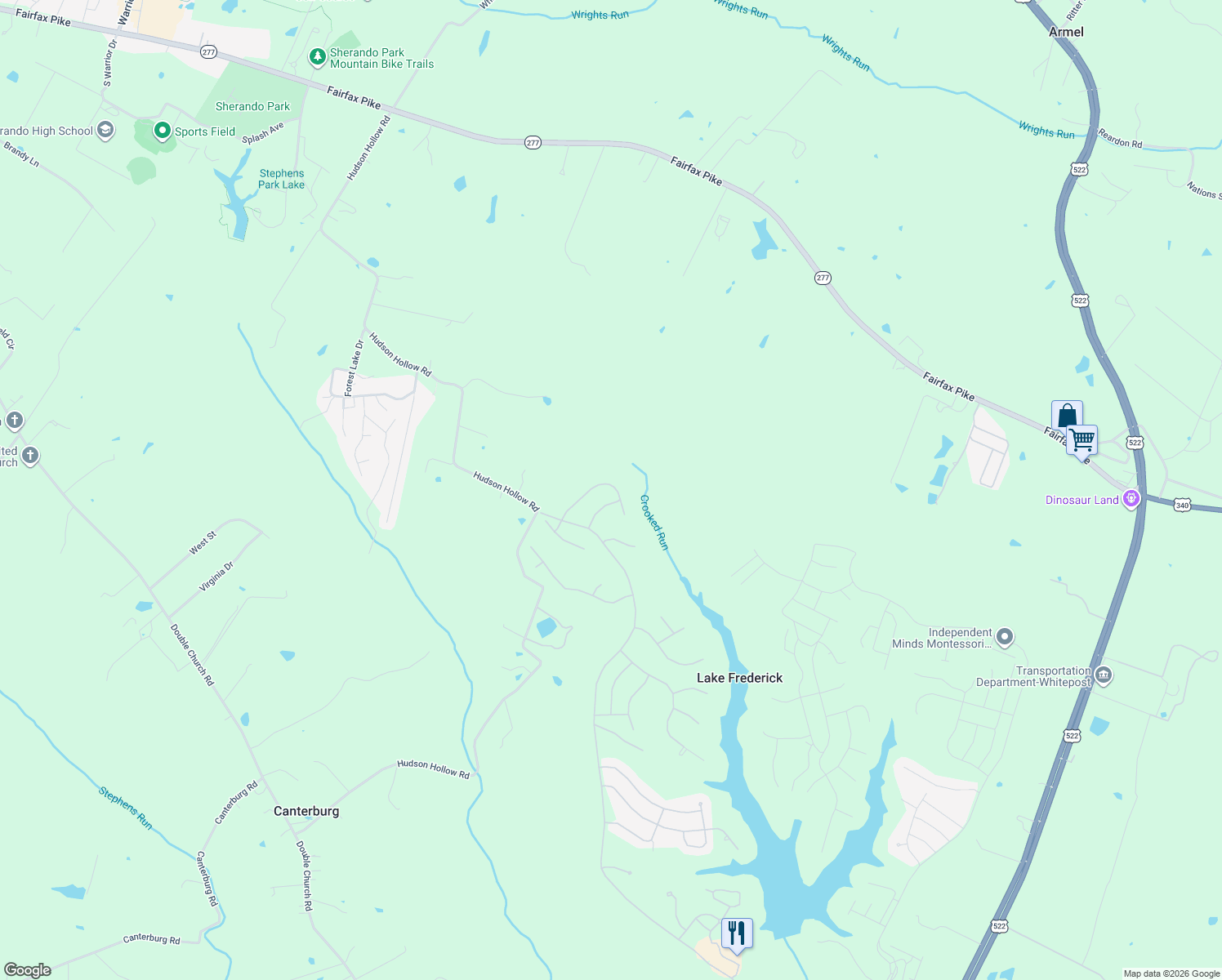 map of restaurants, bars, coffee shops, grocery stores, and more near 1820 Fairfax Pike in White Post