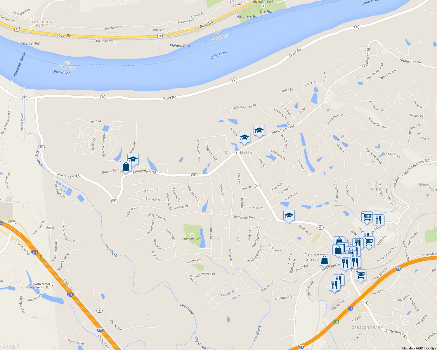 map of restaurants, bars, coffee shops, grocery stores, and more near 826 Kenridge Drive in Villa Hills