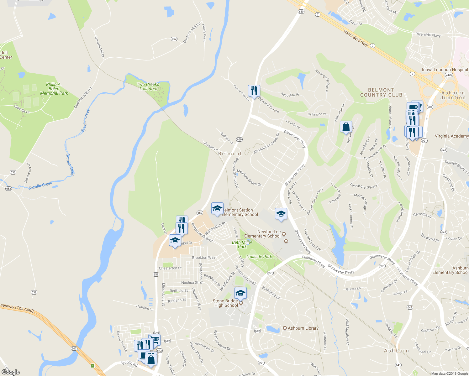 map of restaurants, bars, coffee shops, grocery stores, and more near 19995 Belmont Station Drive in Ashburn
