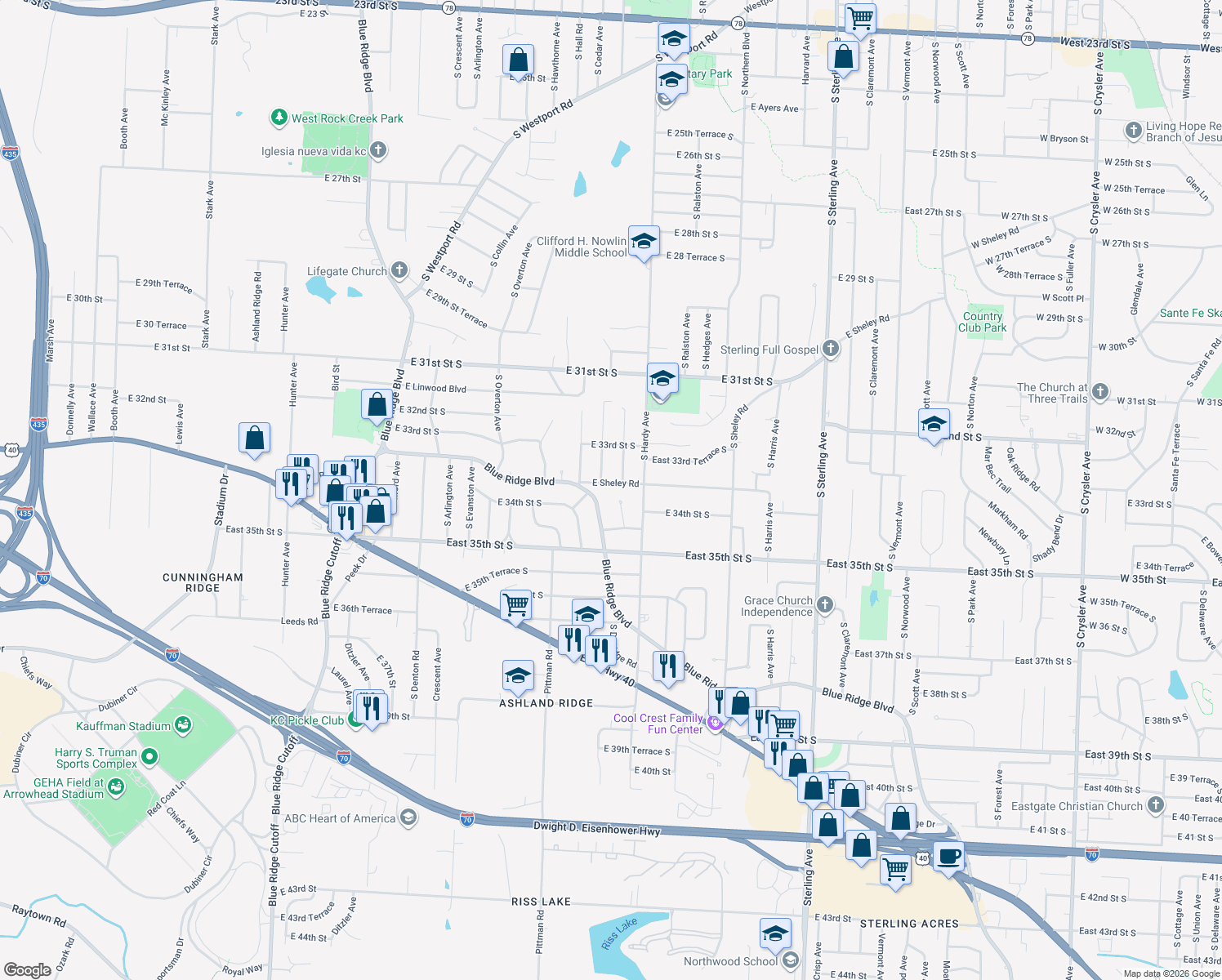 map of restaurants, bars, coffee shops, grocery stores, and more near 10315 E Sheley Rd in Independence
