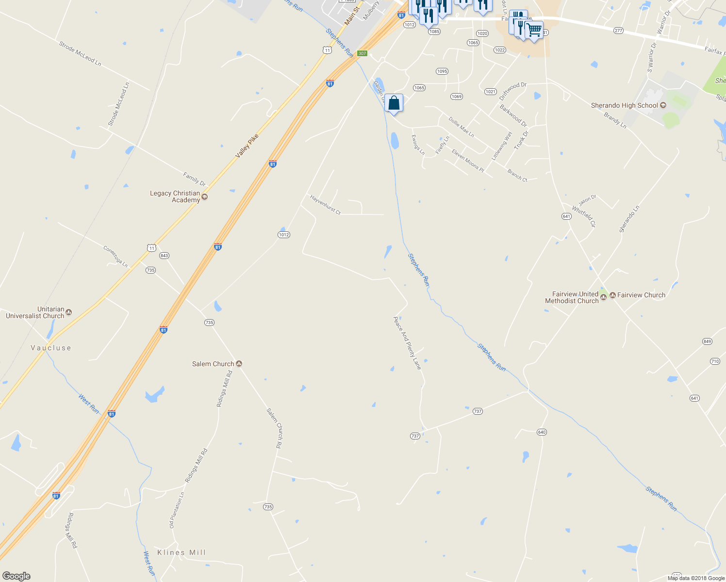 map of restaurants, bars, coffee shops, grocery stores, and more near 567 Peace And Plenty Lane in Stephens City