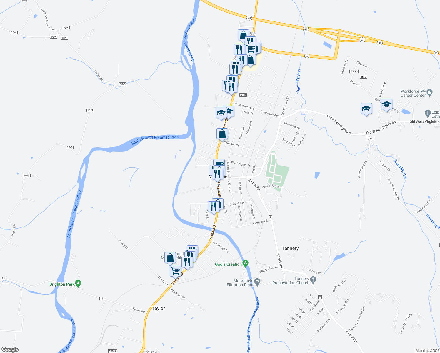 map of restaurants, bars, coffee shops, grocery stores, and more near in Moorefield