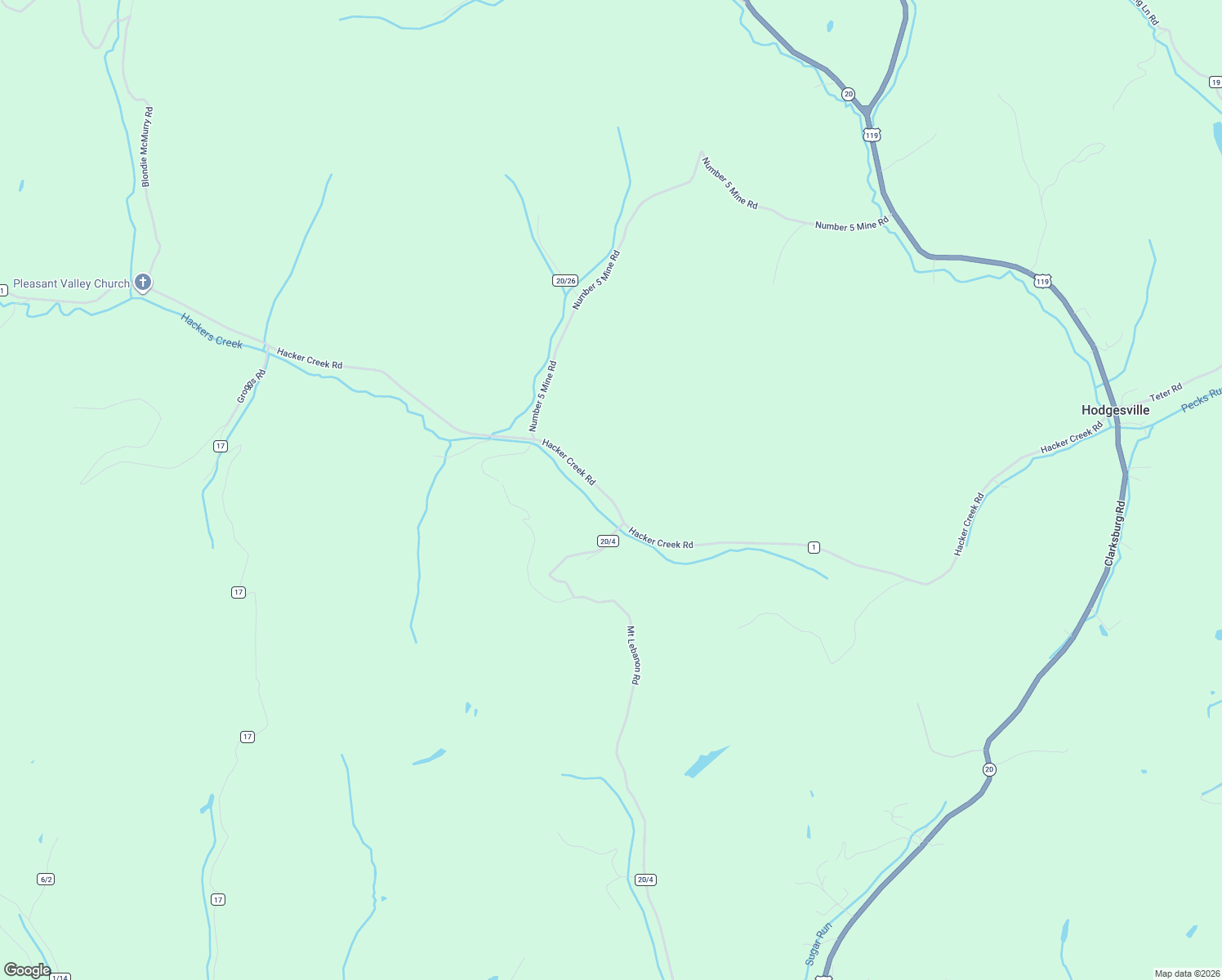 map of restaurants, bars, coffee shops, grocery stores, and more near Hacker Creek Road in Buckhannon