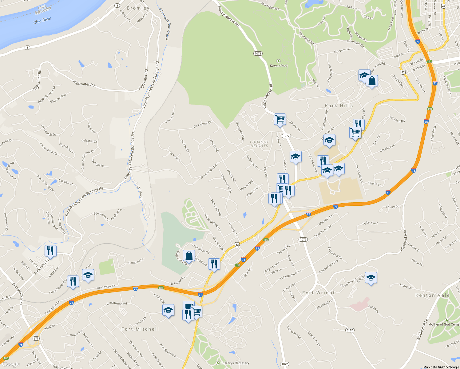 map of restaurants, bars, coffee shops, grocery stores, and more near 306 Cherrywood Drive in Fort Mitchell