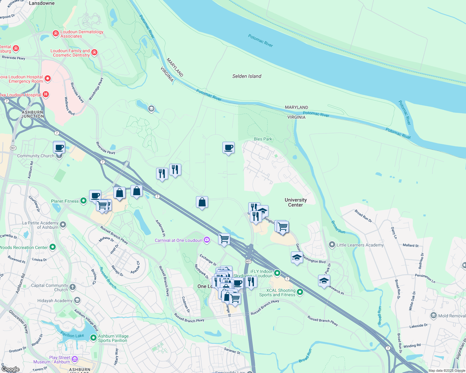 map of restaurants, bars, coffee shops, grocery stores, and more near 19960 Smith Circle in Ashburn