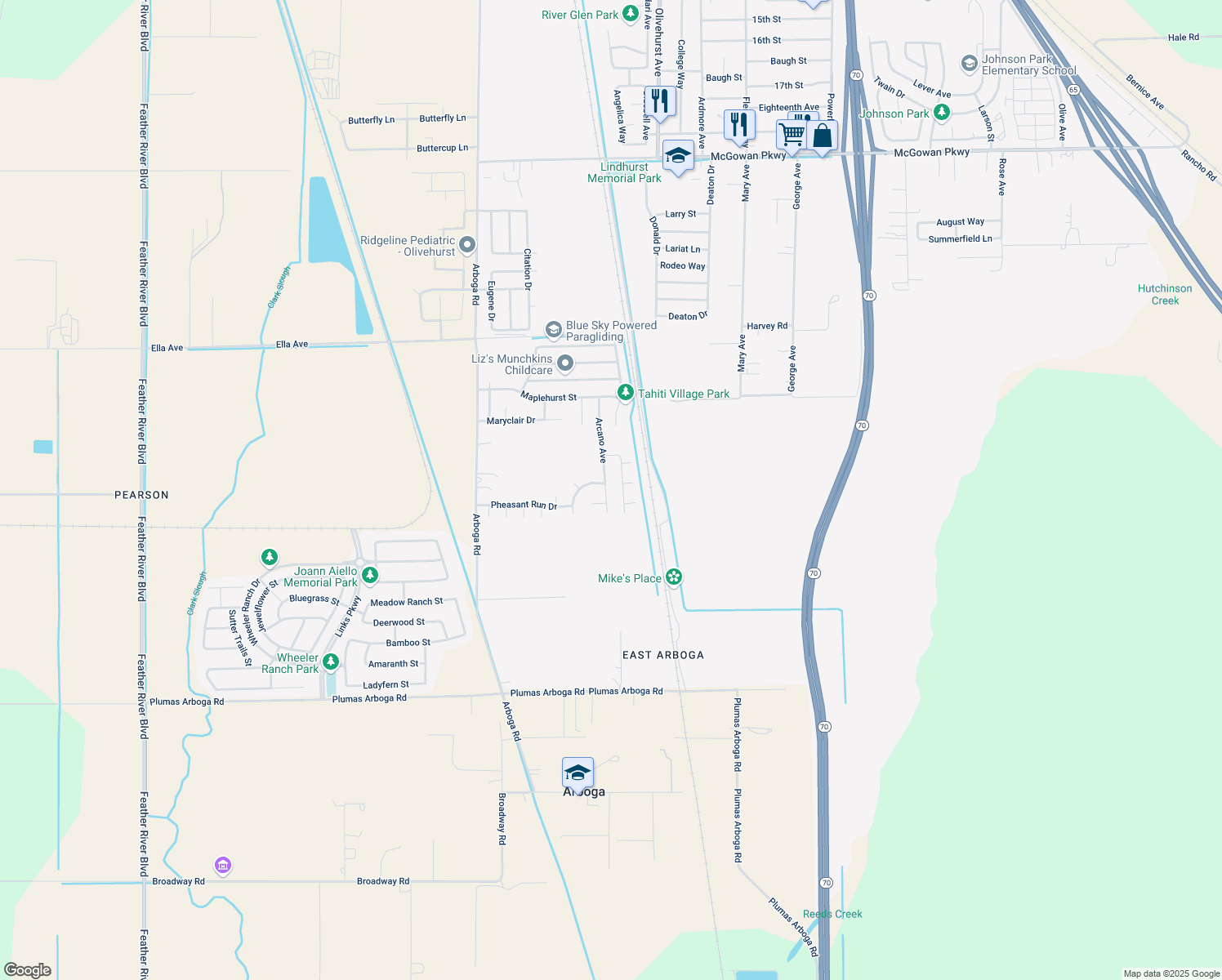 map of restaurants, bars, coffee shops, grocery stores, and more near 3783 Arcano Avenue in Olivehurst
