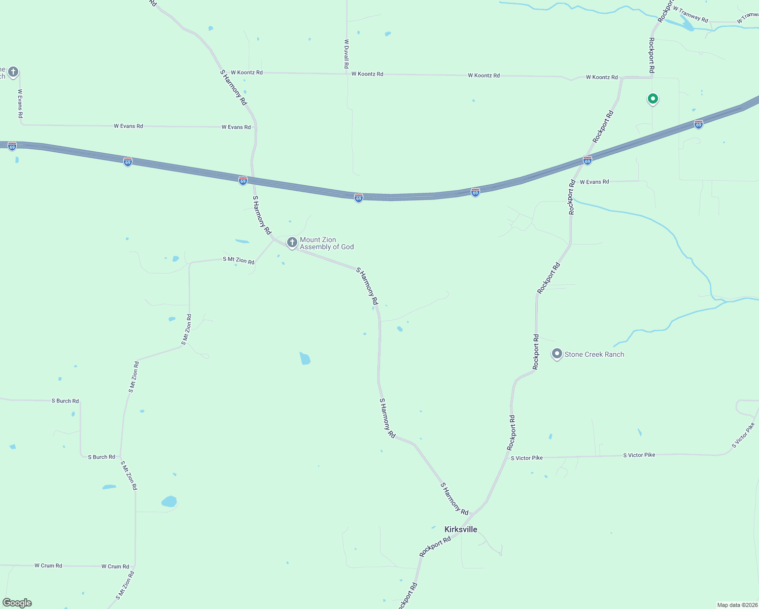 map of restaurants, bars, coffee shops, grocery stores, and more near 7601 South Harmony Road in Bloomington