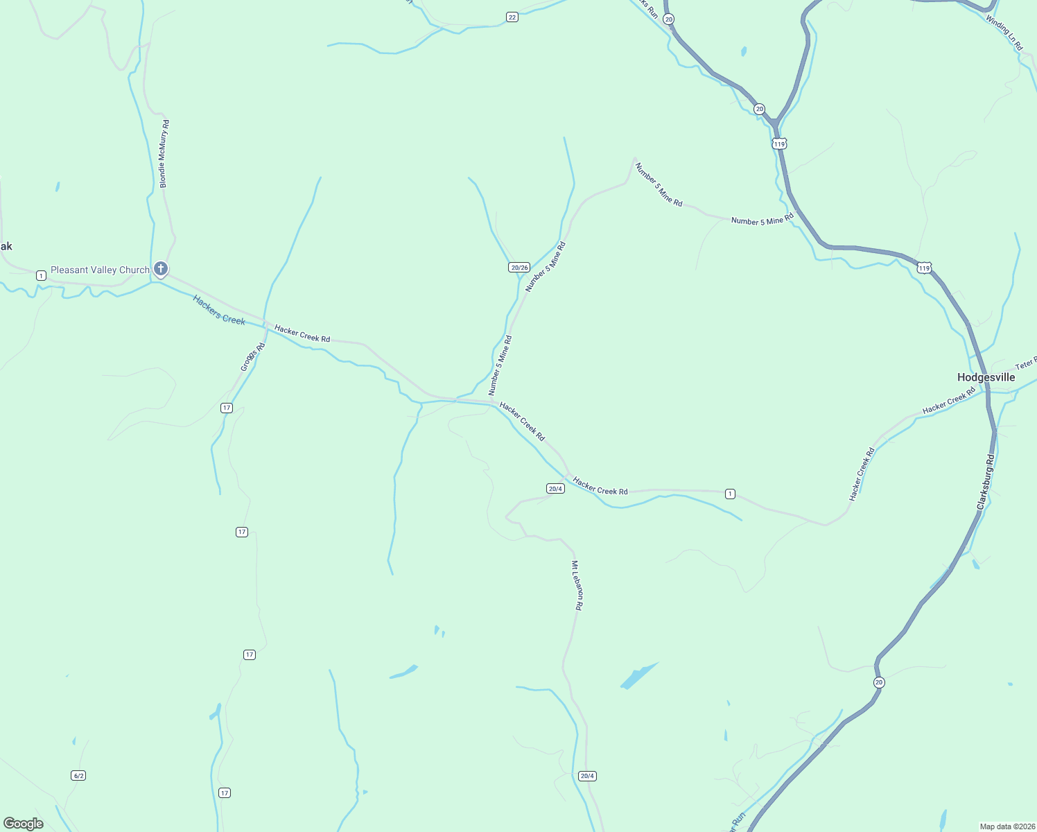 map of restaurants, bars, coffee shops, grocery stores, and more near Hacker Creek Road in Upshur County