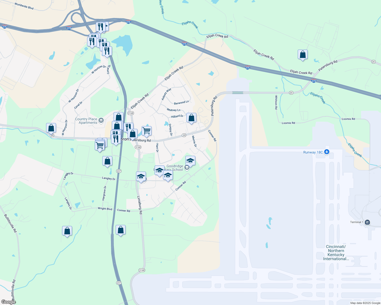 map of restaurants, bars, coffee shops, grocery stores, and more near 1707 Asher Court in Hebron