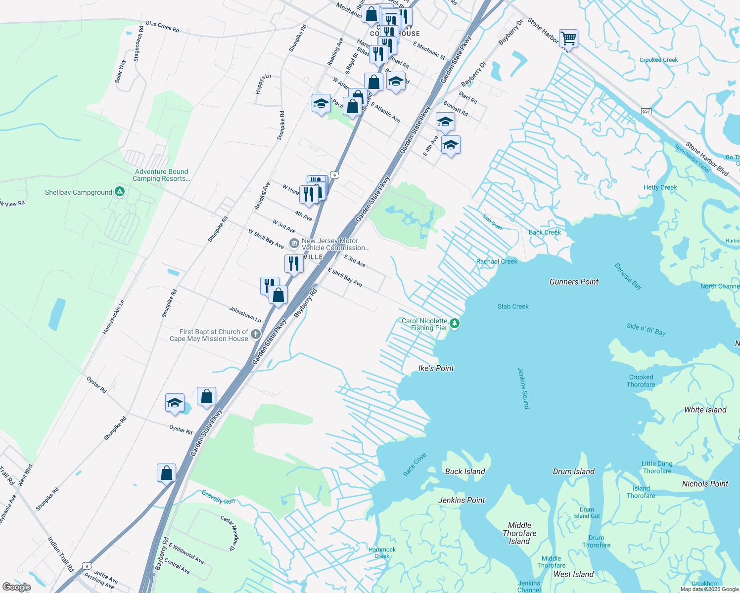 map of restaurants, bars, coffee shops, grocery stores, and more near 306 E 1st Ave in Middle Township