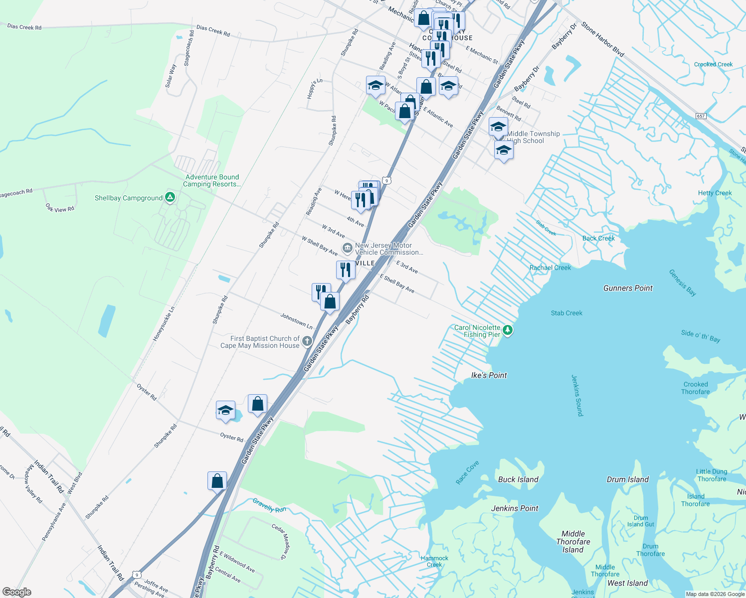 map of restaurants, bars, coffee shops, grocery stores, and more near 207 East 1st Avenue in Cape May County