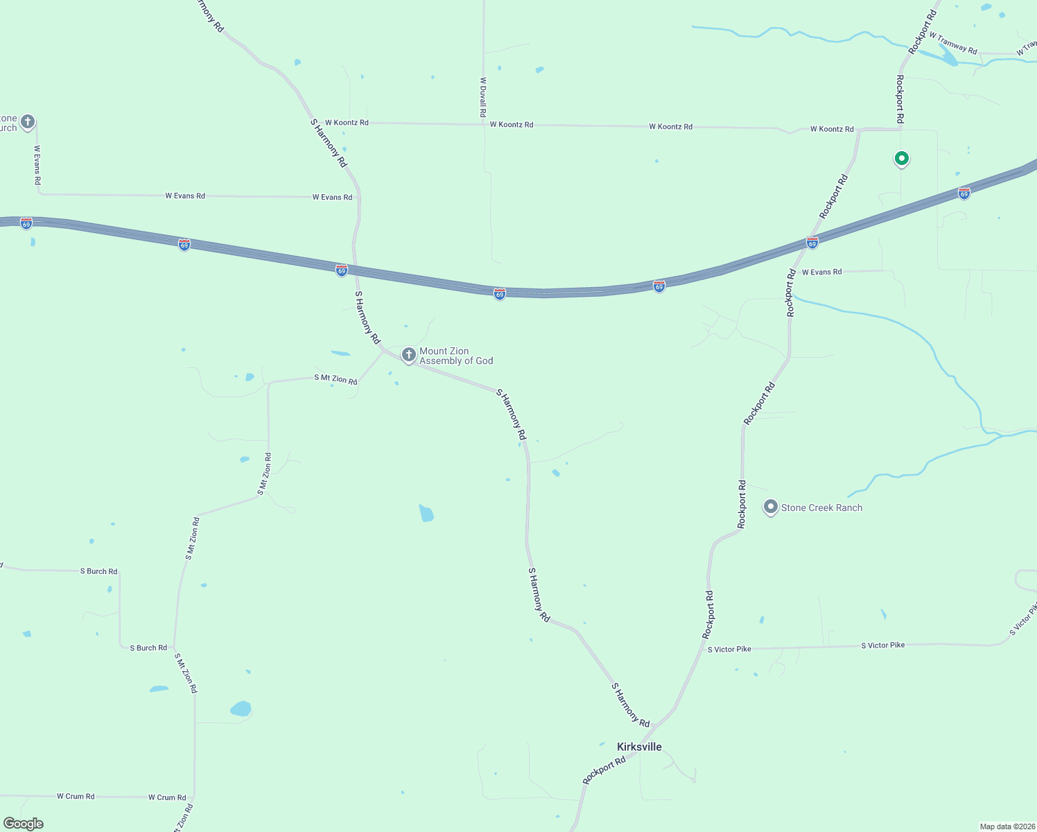 map of restaurants, bars, coffee shops, grocery stores, and more near 7601 South Harmony Road in Bloomington