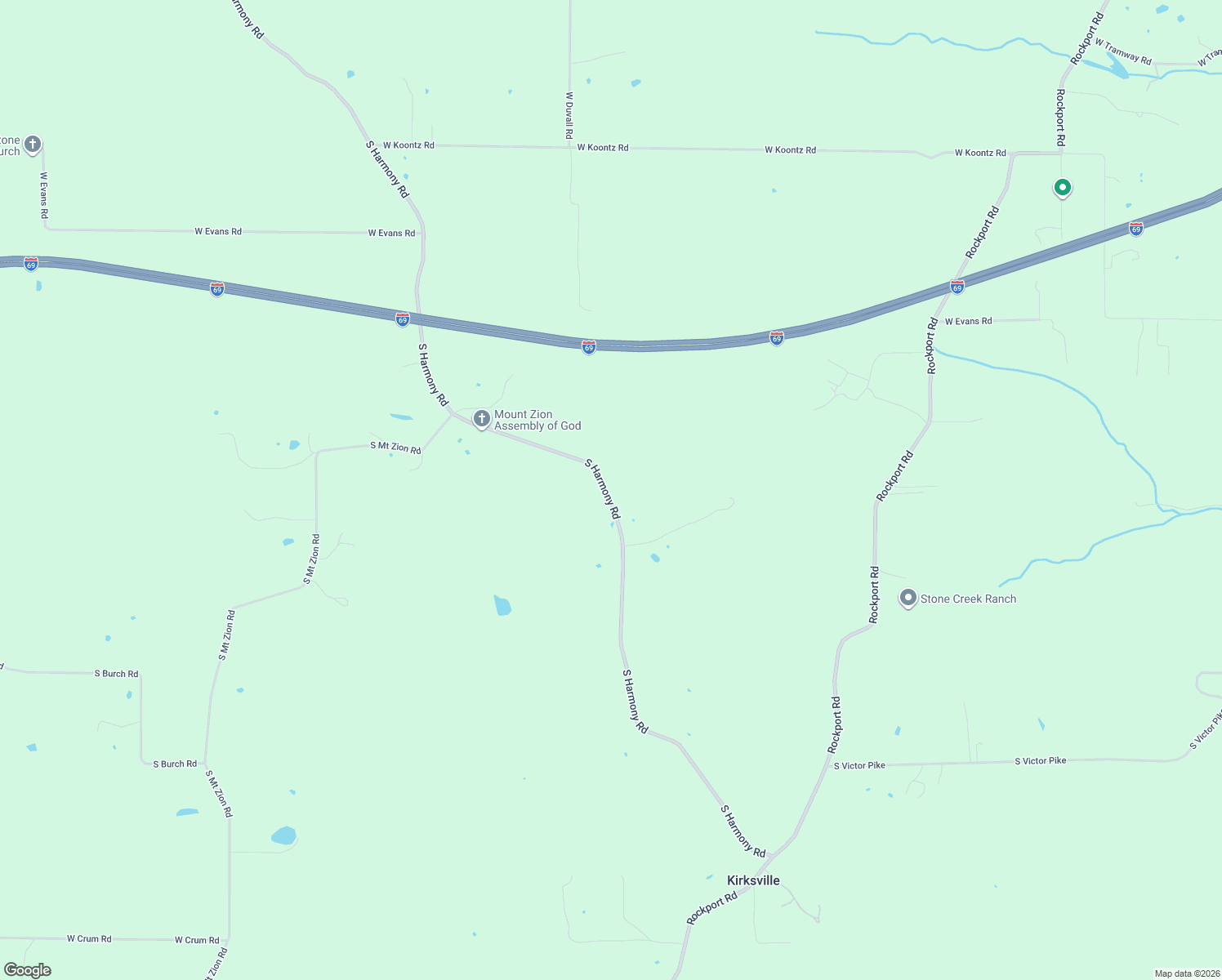 map of restaurants, bars, coffee shops, grocery stores, and more near 7601 South Harmony Road in Bloomington