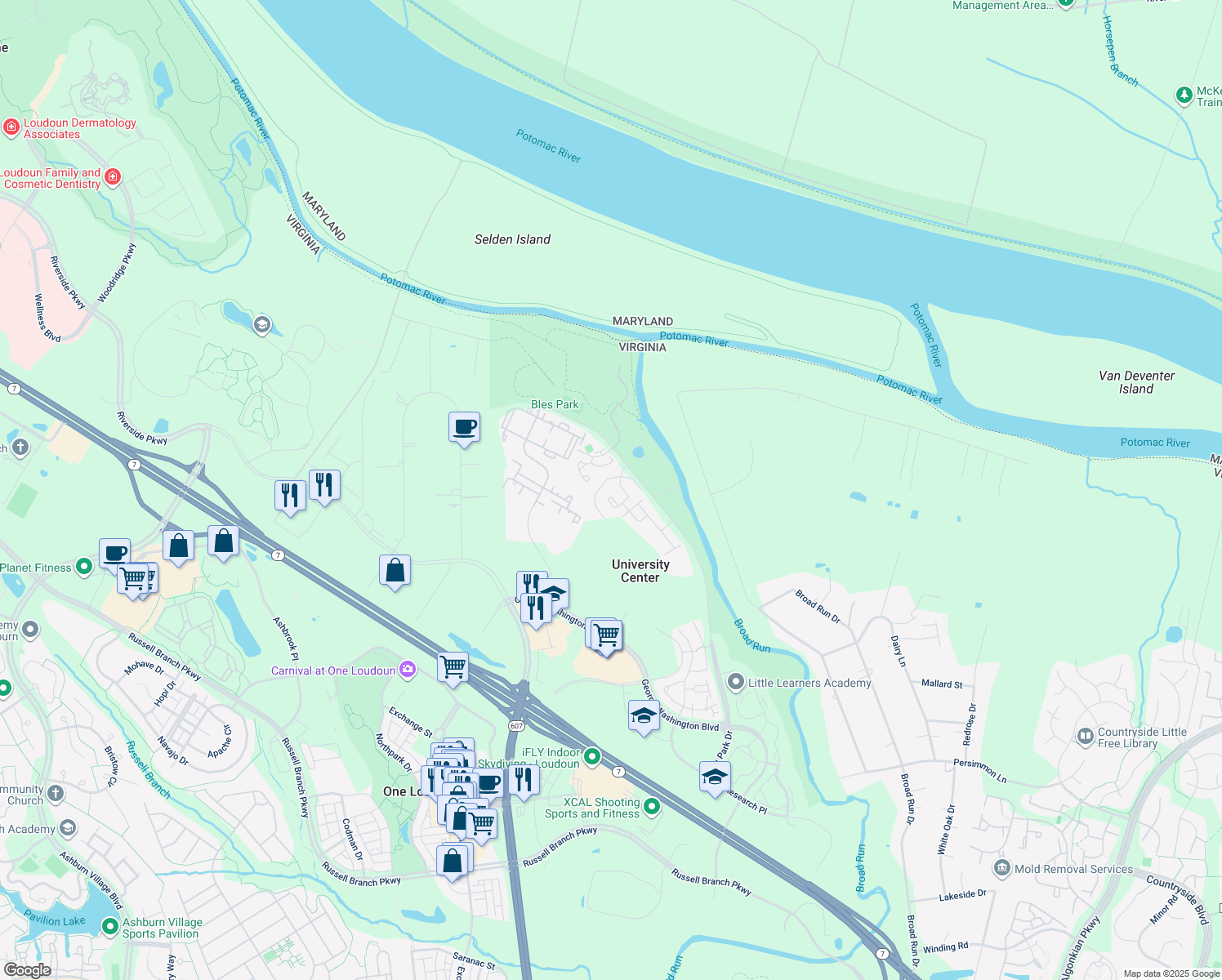 map of restaurants, bars, coffee shops, grocery stores, and more near 19950 Fieldgrass Square in Ashburn