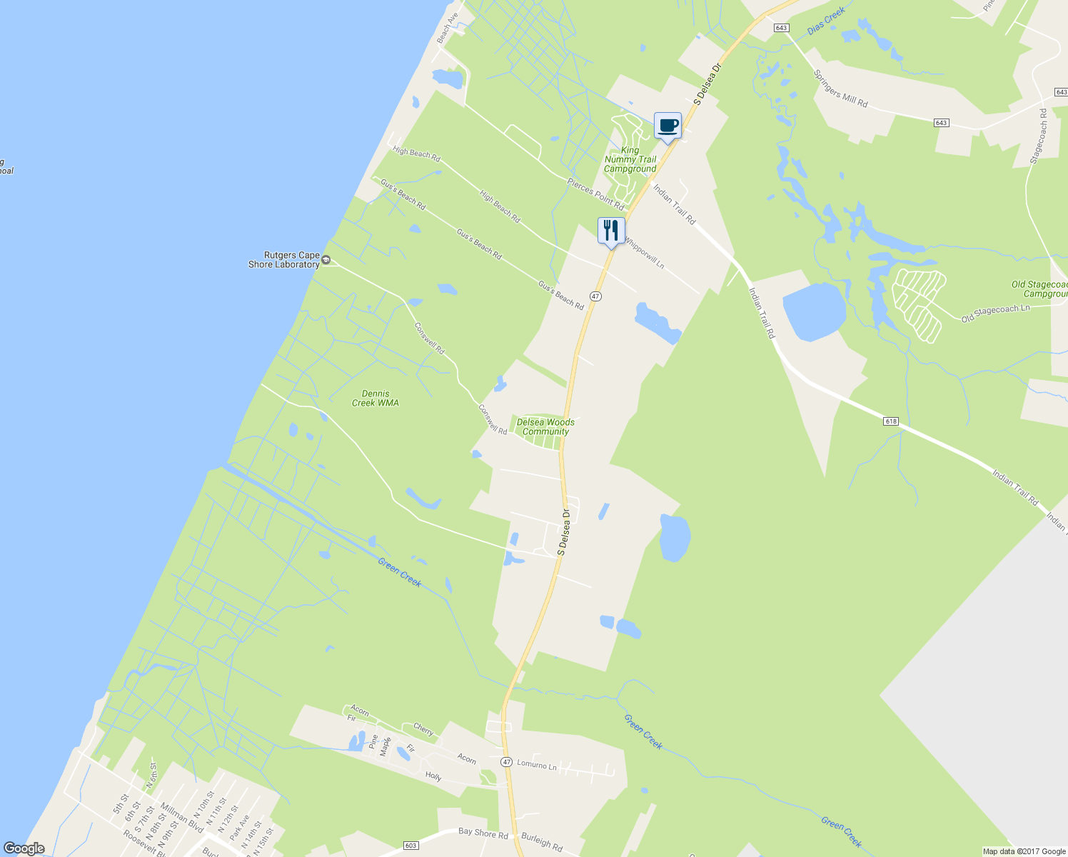 map of restaurants, bars, coffee shops, grocery stores, and more near 295 South Delsea Drive in Cape May County
