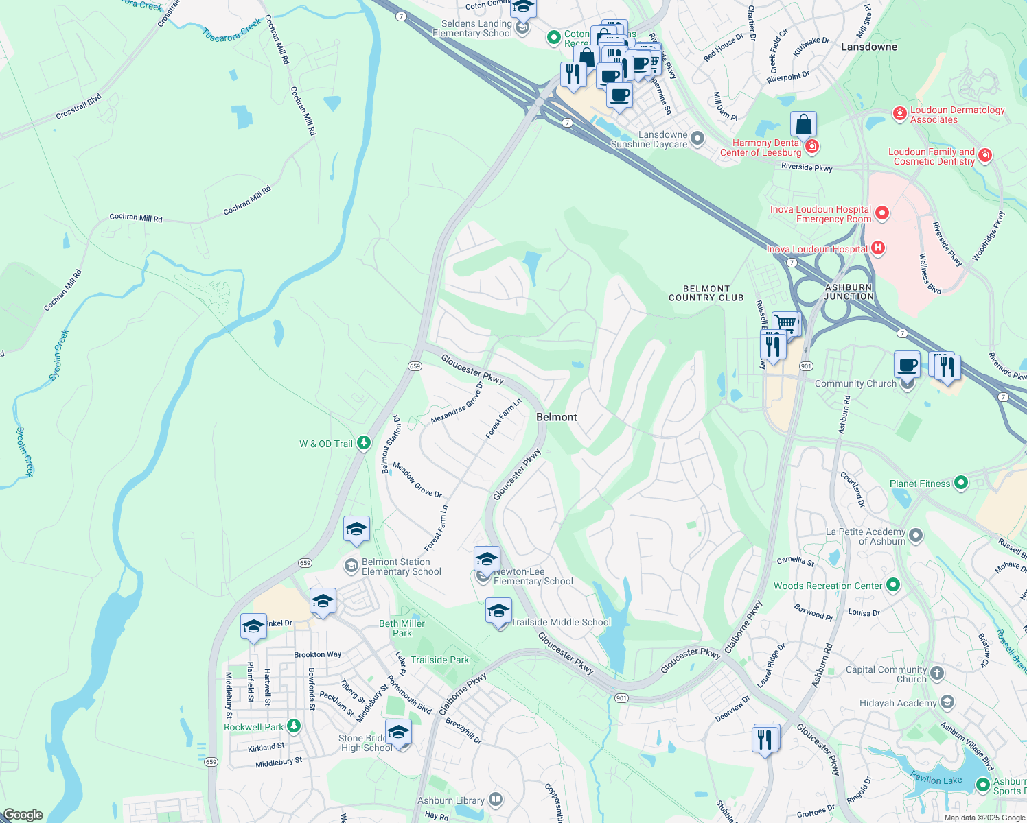 map of restaurants, bars, coffee shops, grocery stores, and more near 43337 Julie Martin Court in Ashburn
