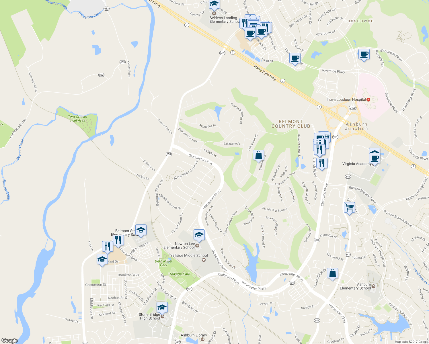 map of restaurants, bars, coffee shops, grocery stores, and more near 43340 Julie Martin Court in Ashburn