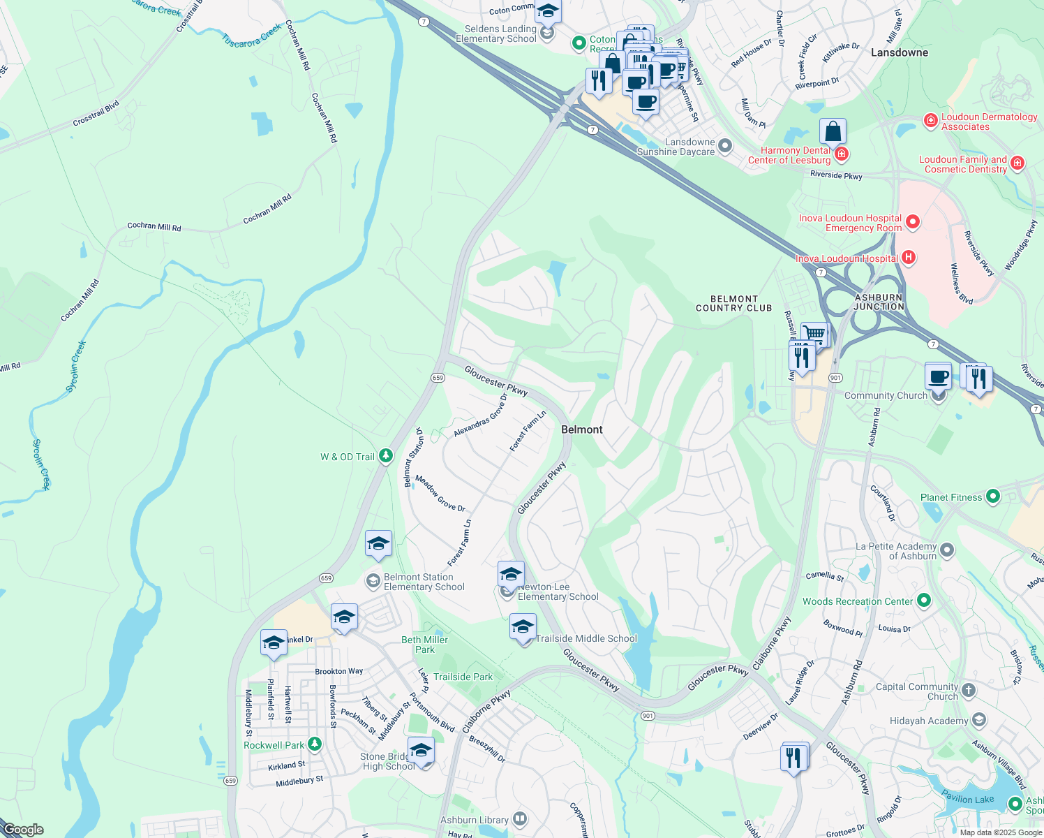 map of restaurants, bars, coffee shops, grocery stores, and more near 43302 Heather Leigh Court in Ashburn