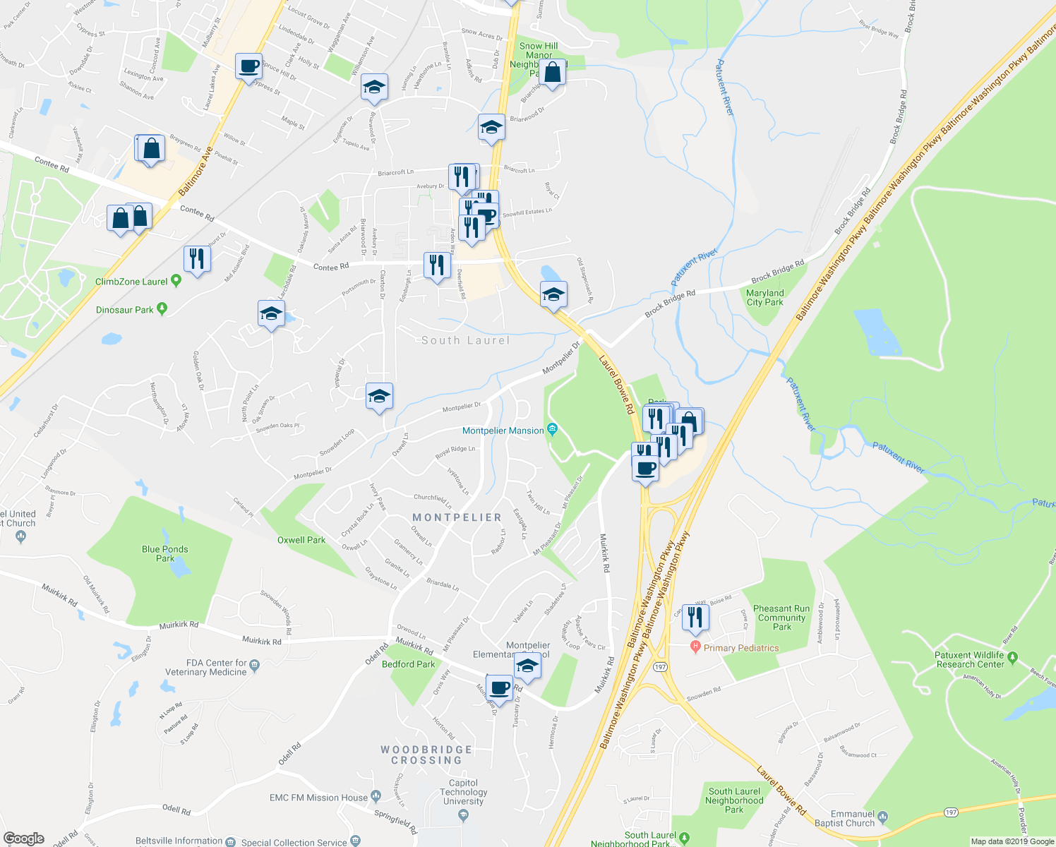 map of restaurants, bars, coffee shops, grocery stores, and more near 12803 Fernwood Turn in Laurel