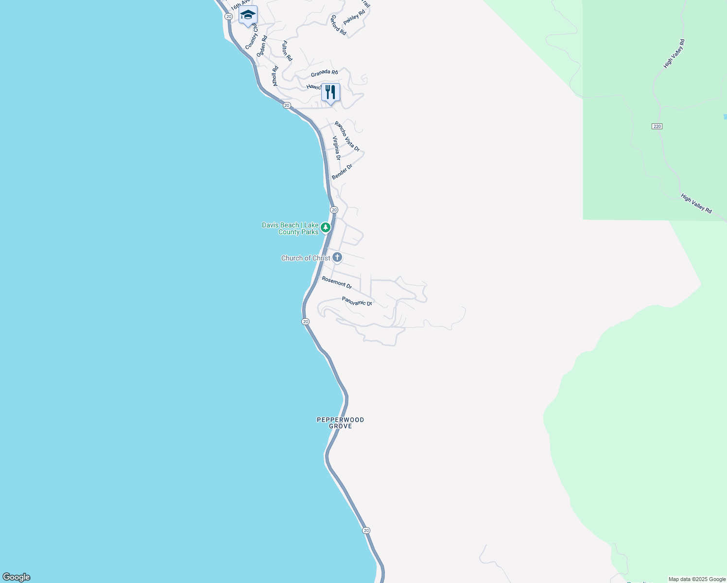map of restaurants, bars, coffee shops, grocery stores, and more near 2212 Alta Vista Way in Lucerne
