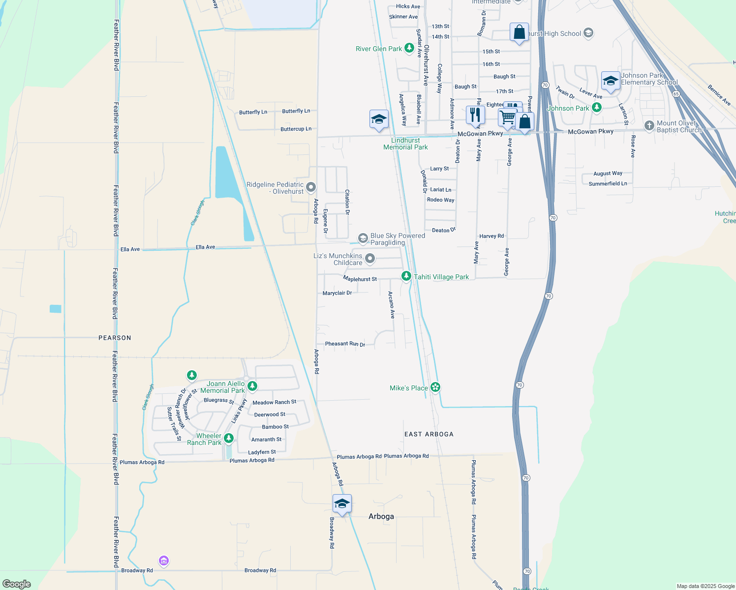 map of restaurants, bars, coffee shops, grocery stores, and more near 1628 Maryclair Dr in Olivehurst